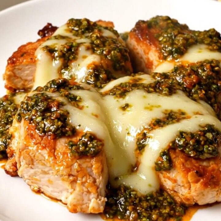 A top-down view of a slow cooker filled with chicken breasts, red pesto, and melted mozzarella cheese.