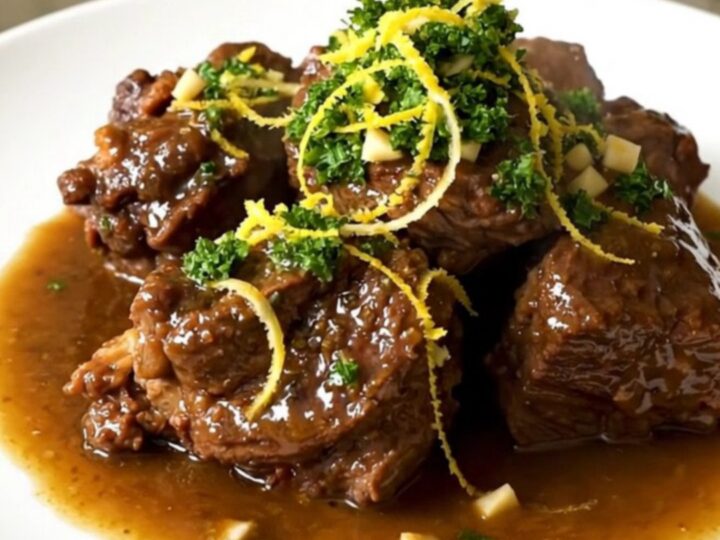 A close-up of tender osso buco served on a white plate, topped with a vibrant green gremolata.