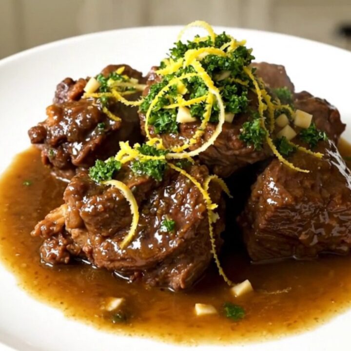A close-up of tender osso buco served on a white plate, topped with a vibrant green gremolata.