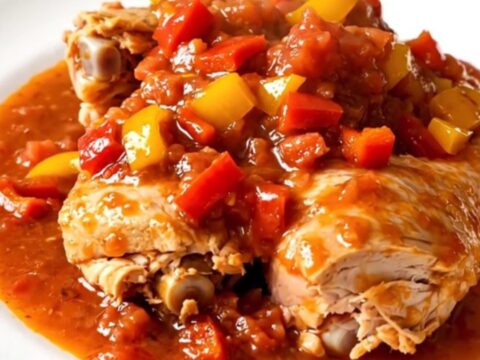 A slow cooker filled with Basque chicken, onions, and piperade sauce on a white quartz countertop.