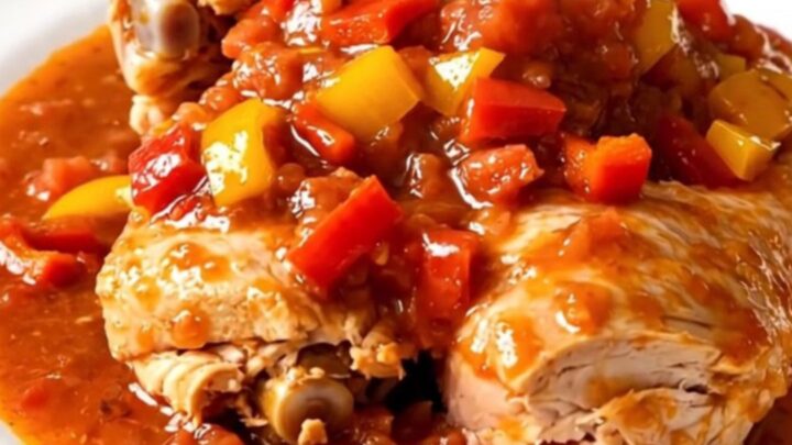 A slow cooker filled with Basque chicken, onions, and piperade sauce on a white quartz countertop.