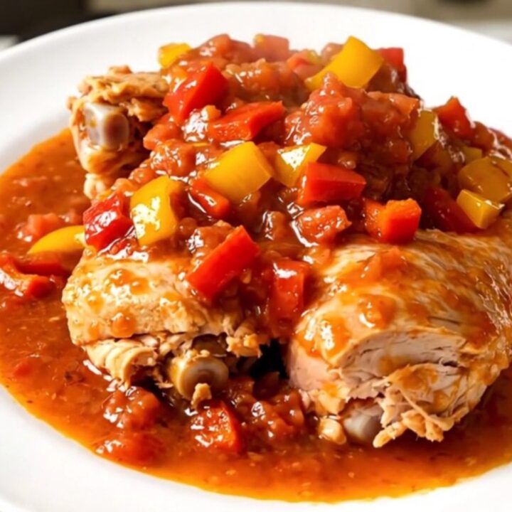 A slow cooker filled with Basque chicken, onions, and piperade sauce on a white quartz countertop.