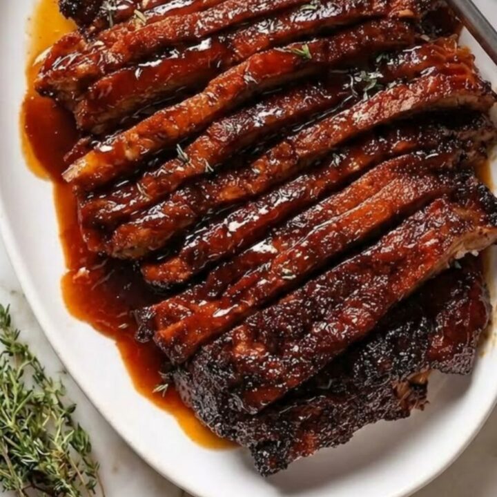 A beautifully plated, oven-baked beef brisket sliced into tender pieces with a glossy, dark barbecue glaze.