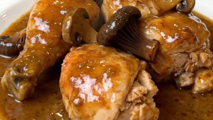 A top-down view of the finished creamy chicken dish with black trumpet mushrooms in a white bowl.