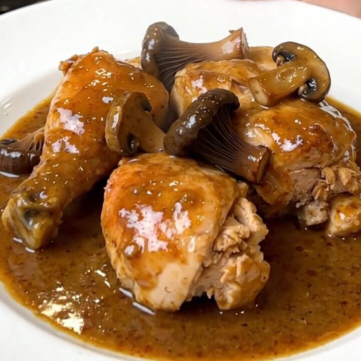 A top-down view of the finished creamy chicken dish with black trumpet mushrooms in a white bowl.