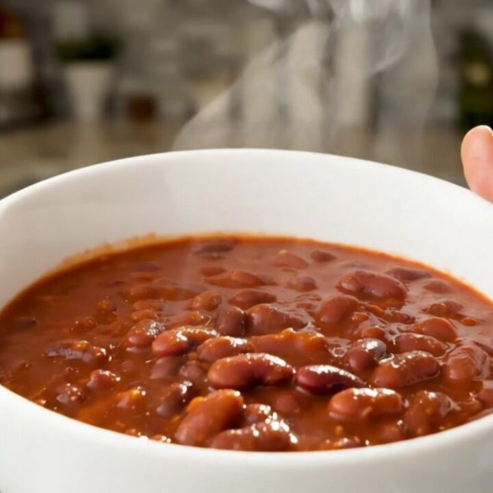 A white bowl filled with slow-cooked red beans and sliced smoked sausage in a rich tomato sauce.