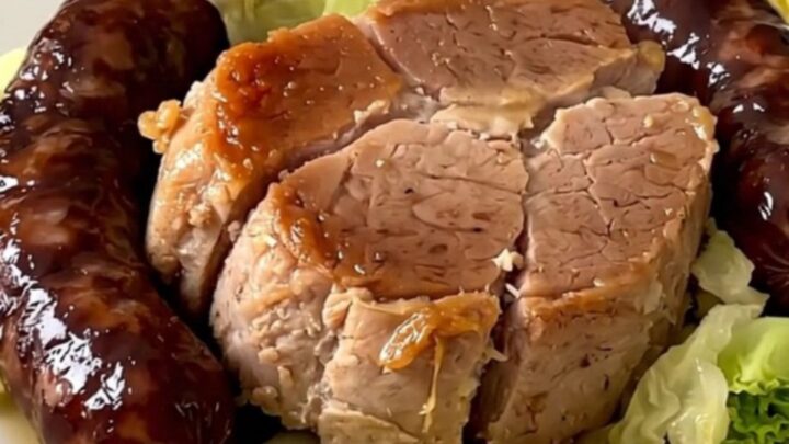 A top-down view of a slow cooker filled with pork shoulder, sliced sausages, and shredded cabbage.