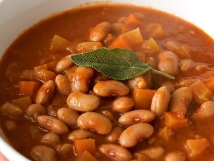 A rustic bowl of steaming borlotti bean stew topped with fresh sage leaves in a bright kitchen.