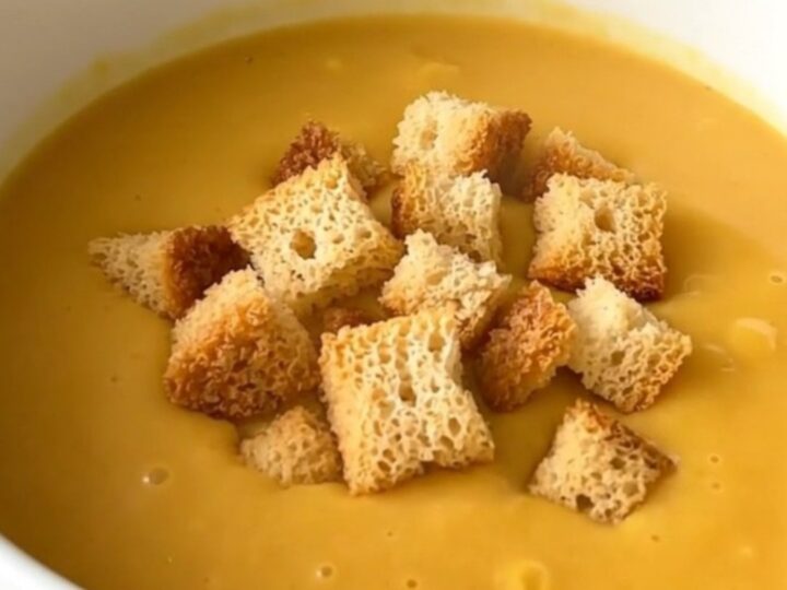 A steaming bowl of creamy orange butternut squash velouté garnished with golden croutons.