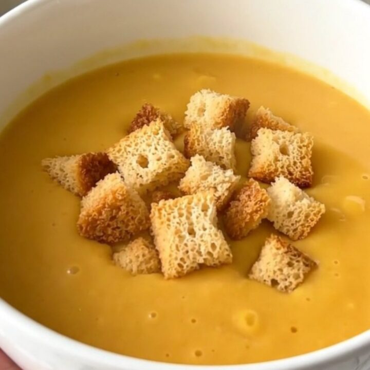 A steaming bowl of creamy orange butternut squash velouté garnished with golden croutons.