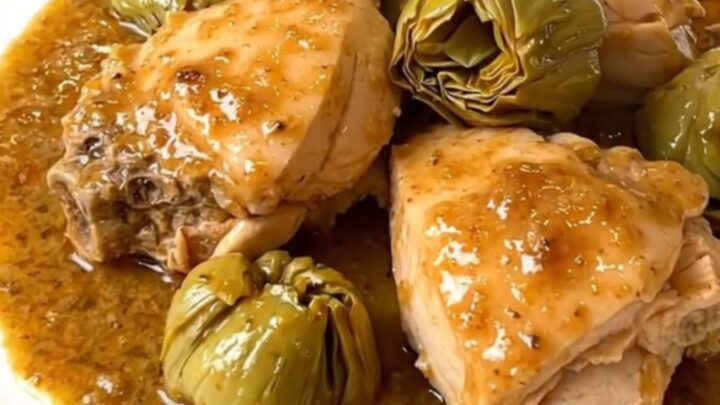 A white plate holding slow-cooked chicken thighs and Jerusalem artichokes in a creamy sauce.