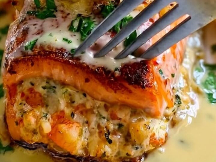 A close-up of a fork pressing into a seared salmon fillet, revealing a creamy shrimp and garlic butter filling.