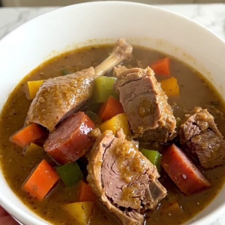 A rustic bowl of slow-cooked duck and sausage stew with carrots and turnips, garnished with fresh thyme.