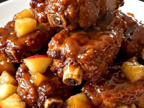 A close-up of tender, glossy pork ribs topped with soft, caramelized apple pieces in a slow cooker.