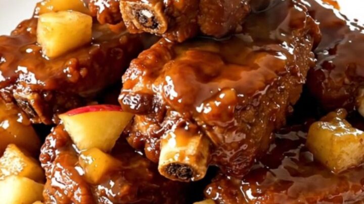 A close-up of tender, glossy pork ribs topped with soft, caramelized apple pieces in a slow cooker.