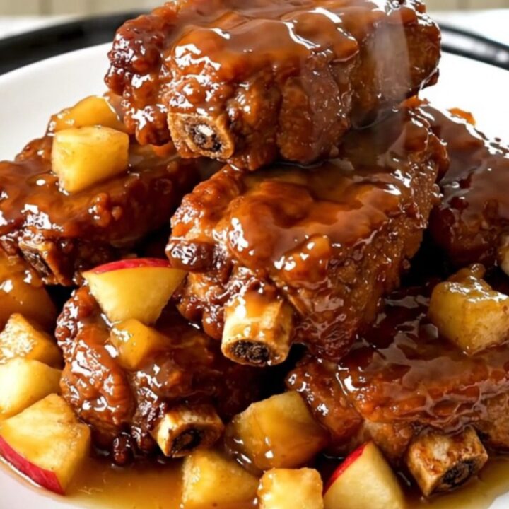 A close-up of tender, glossy pork ribs topped with soft, caramelized apple pieces in a slow cooker.