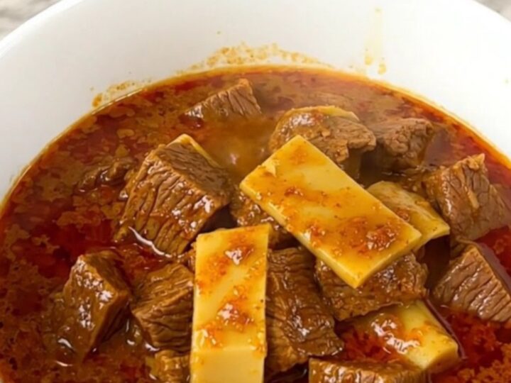 Un curry thaï au bœuf et lait de coco servi dans un bol blanc sur un plan de travail.
