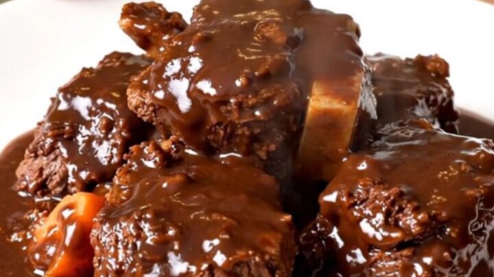 A close-up of slow cooker beef bourguignon with glossy sauce on a white plate.