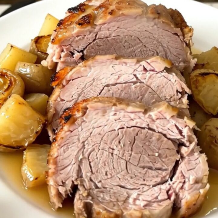 A tender, slow-cooked pork roast served on a white plate with glossy, cooked parsnips and carrots.
