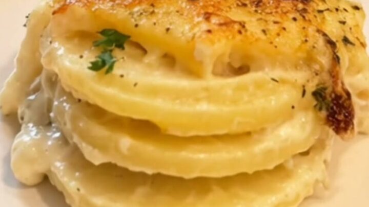 A golden, bubbling roasted garlic potato gratin served in a glass dish with fresh parsley.