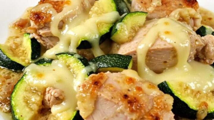 Vue de dessus d'un mijoté de poulet aux courgettes et chèvre frais dans une mijoteuse noire.