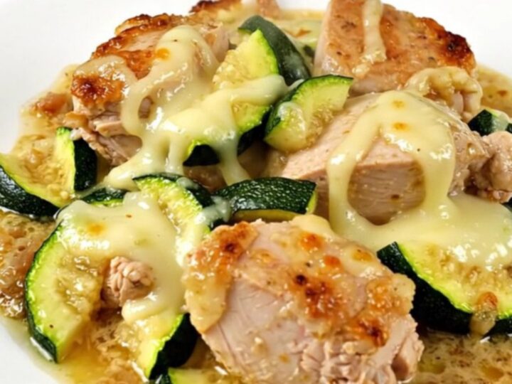 Vue de dessus d'un mijoté de poulet aux courgettes et chèvre frais dans une mijoteuse noire.