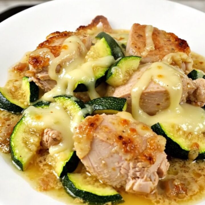 Vue de dessus d'un mijoté de poulet aux courgettes et chèvre frais dans une mijoteuse noire.