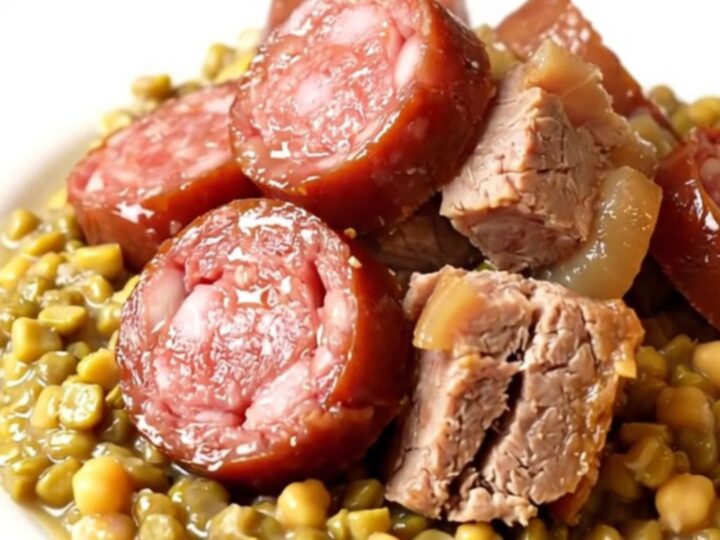 Petit salé aux pois cassés et saucisse de Morteau cuit à la mijoteuse dans un plat élégant.