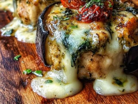 Fork pulling stretchy melted mozzarella from a sliced spinach stuffed chicken breast medallion.