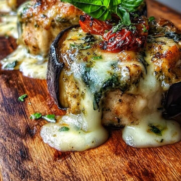 Fork pulling stretchy melted mozzarella from a sliced spinach stuffed chicken breast medallion.