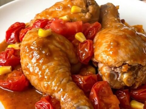Cuisses de poulet fondantes mijotées au paprika et maïs dans une cocotte en céramique.