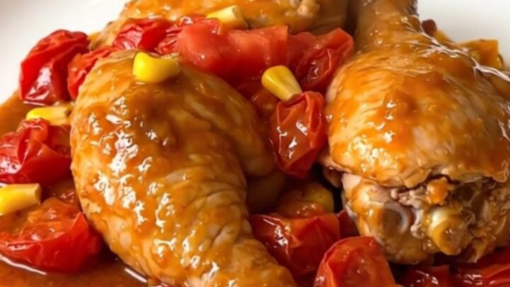 Cuisses de poulet fondantes mijotées au paprika et maïs dans une cocotte en céramique.