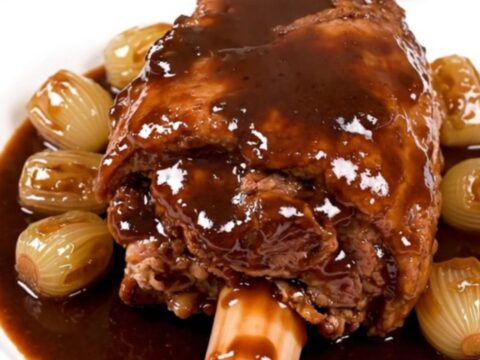 A tender, glazed pork shank served on a white plate with pearl onions and carrots in a rich red wine sauce.