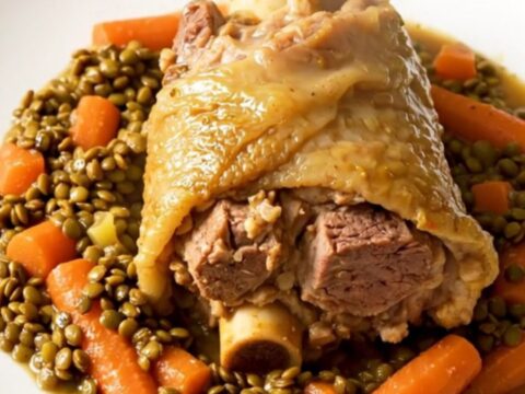 A tender, slow-cooked pork shank served on a white plate with green lentils and sliced carrots.