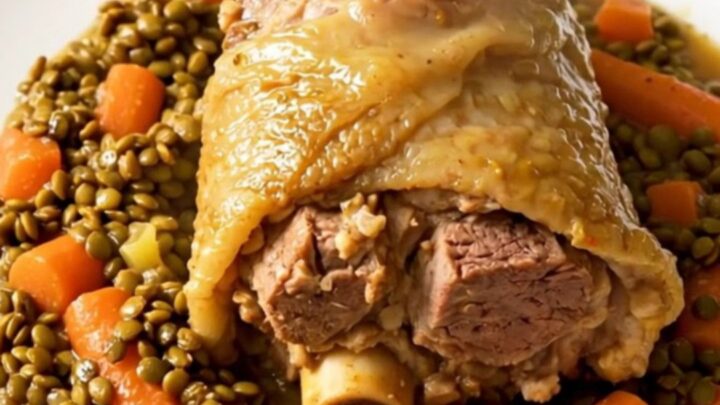 A tender, slow-cooked pork shank served on a white plate with green lentils and sliced carrots.