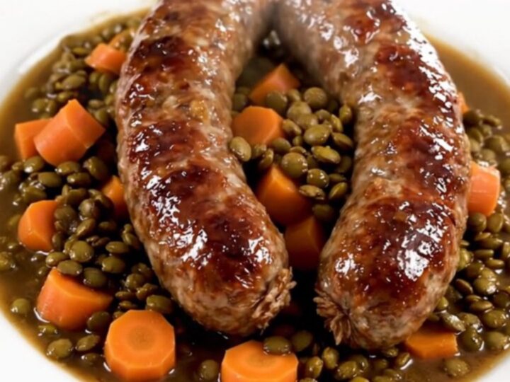 A rustic bowl of slow-cooked sausage and lentil stew topped with fresh herbs.