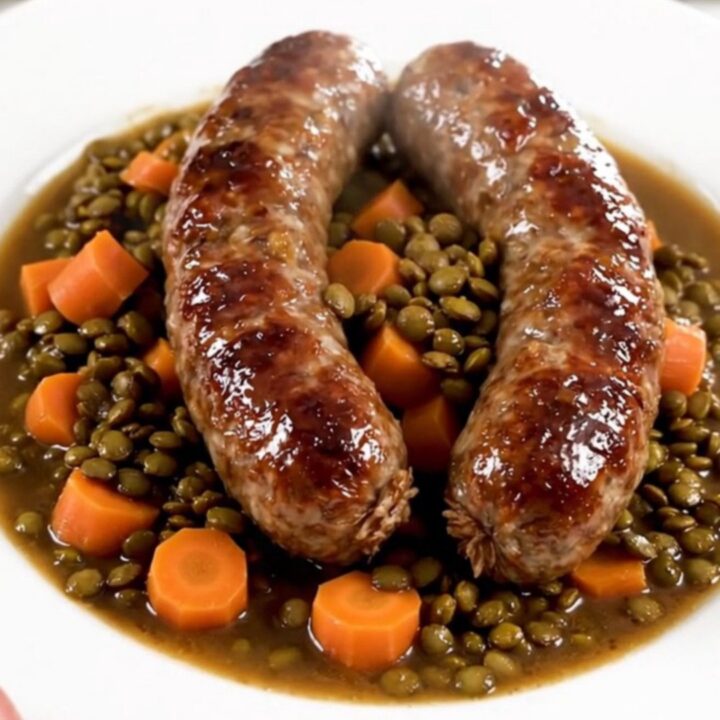 A rustic bowl of slow-cooked sausage and lentil stew topped with fresh herbs.