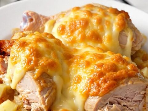 A rustic slow cooker Munster chicken dish with potatoes and caraway seeds on a white plate.