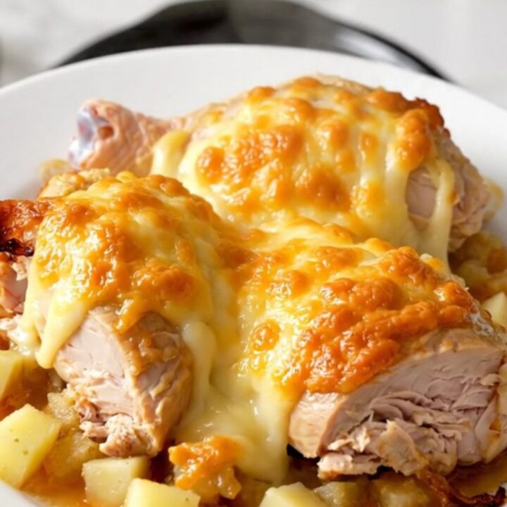 A rustic slow cooker Munster chicken dish with potatoes and caraway seeds on a white plate.
