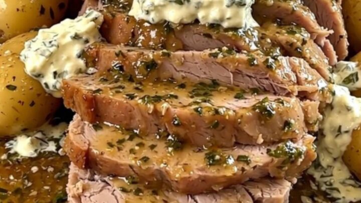 A slow cooker garlic and herb pork roast with baby potatoes and onions served on a white plate.