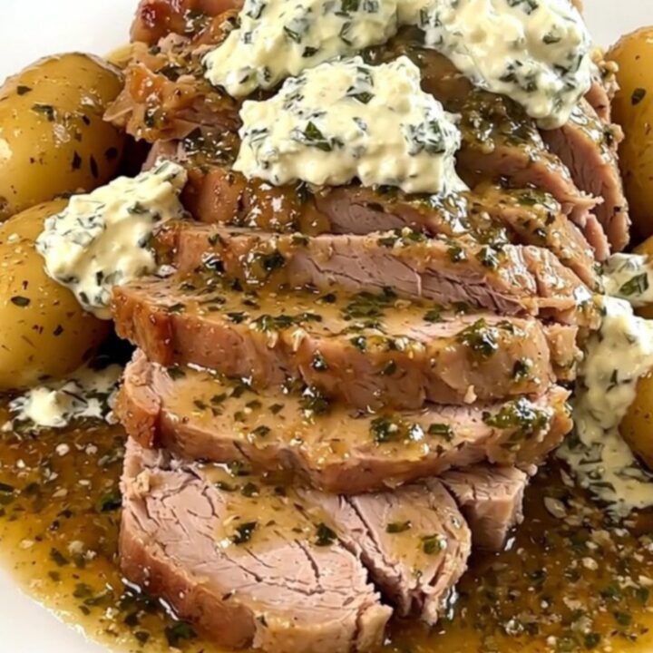 A slow cooker garlic and herb pork roast with baby potatoes and onions served on a white plate.