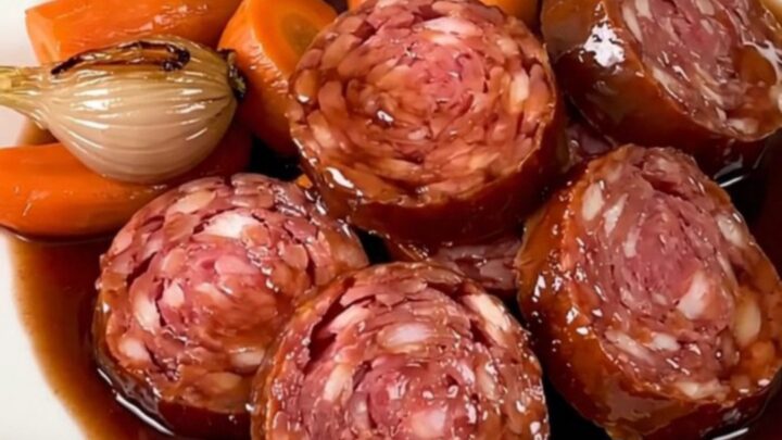 Saucisson lyonnais tranché nappé de sauce au vin rouge brillant avec des morceaux de carottes et d'échalotes.