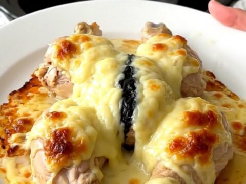 Un poulet fondant nappé d'une sauce crémeuse au Morbier dans une assiette blanche élégante.