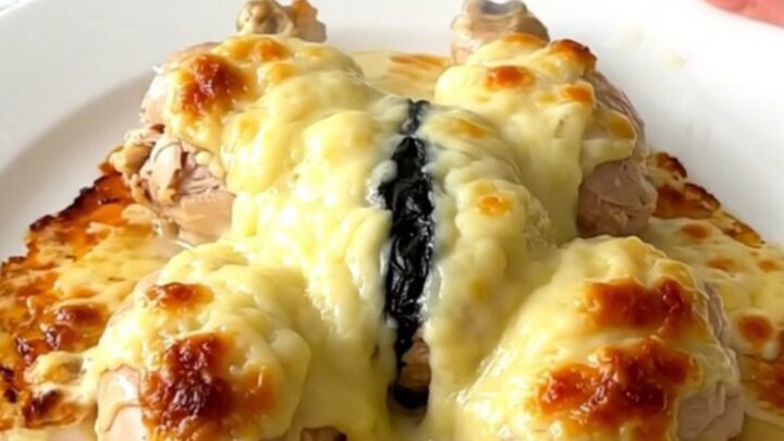 Un poulet fondant nappé d'une sauce crémeuse au Morbier dans une assiette blanche élégante.