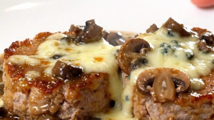 A close-up of creamy blue cheese pork tenderloin medallions on a white plate.