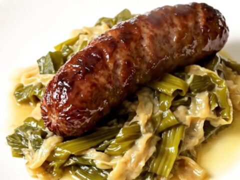 A slow cooker filled with cooked andouillettes and tender leeks in a mustard sauce.