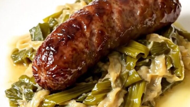 A slow cooker filled with cooked andouillettes and tender leeks in a mustard sauce.