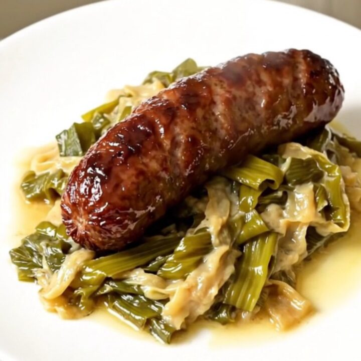 A slow cooker filled with cooked andouillettes and tender leeks in a mustard sauce.