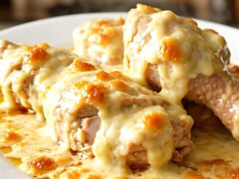 A finished dish of creamy white wine and Chaource cheese chicken served on a plain white plate.