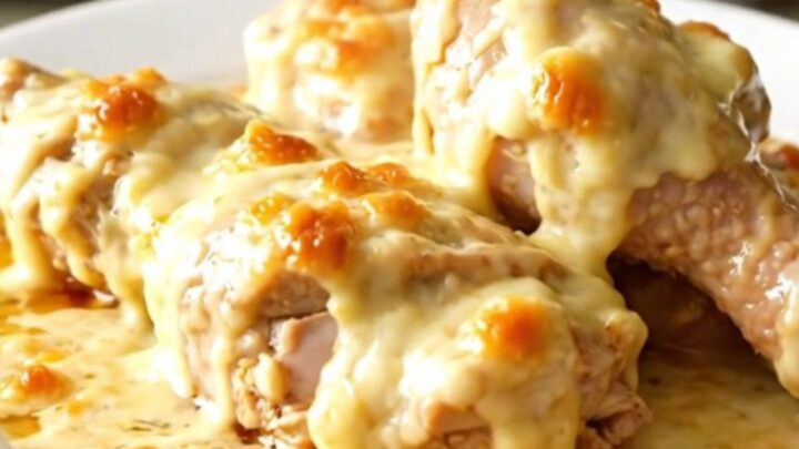 A finished dish of creamy white wine and Chaource cheese chicken served on a plain white plate.